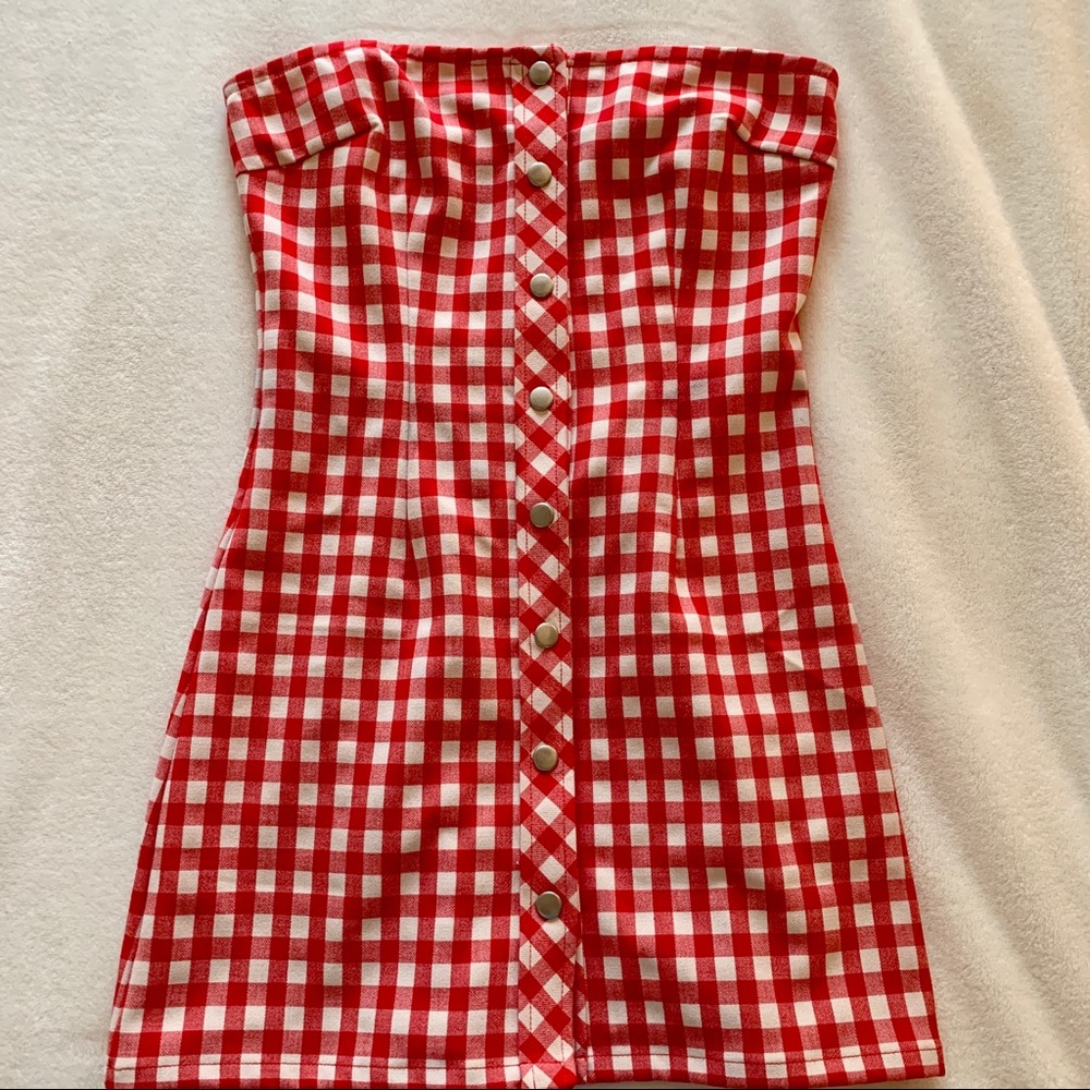 Red gingham strapless dress
